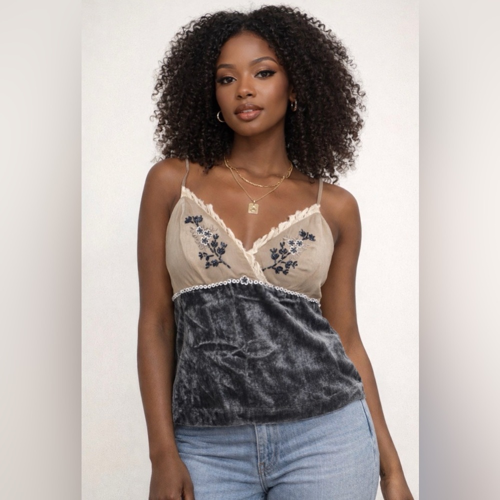 Chic Embroidered Beige and Gray Camisole